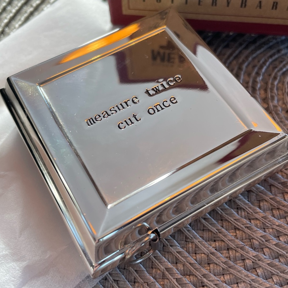 NIB RARE Vintage Pottery Barn Silver Plated Engraved ‘Sentiment’ Measuring Tape